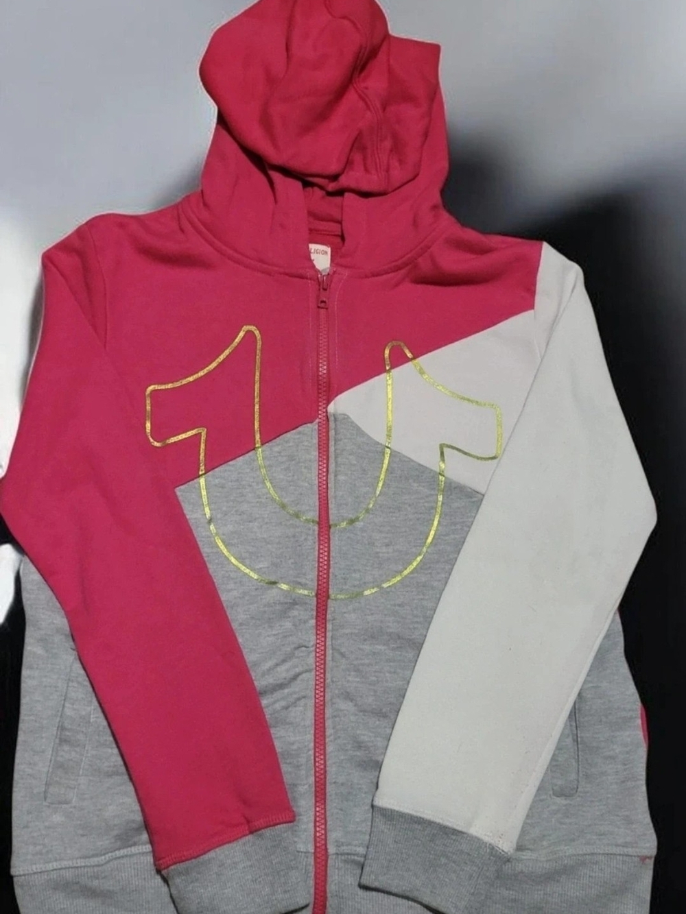 True Religion Colorblock Zip Hoodie - Pink, Gray & White XL